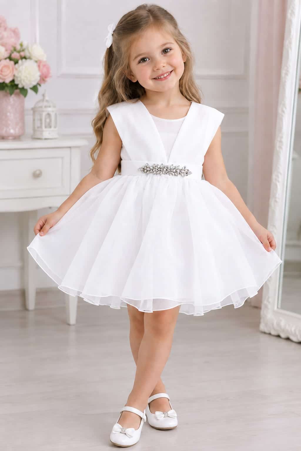 Pink Girls Pink Girls – White Celebration Dress with Jewelled Waist · White wholesale Girls