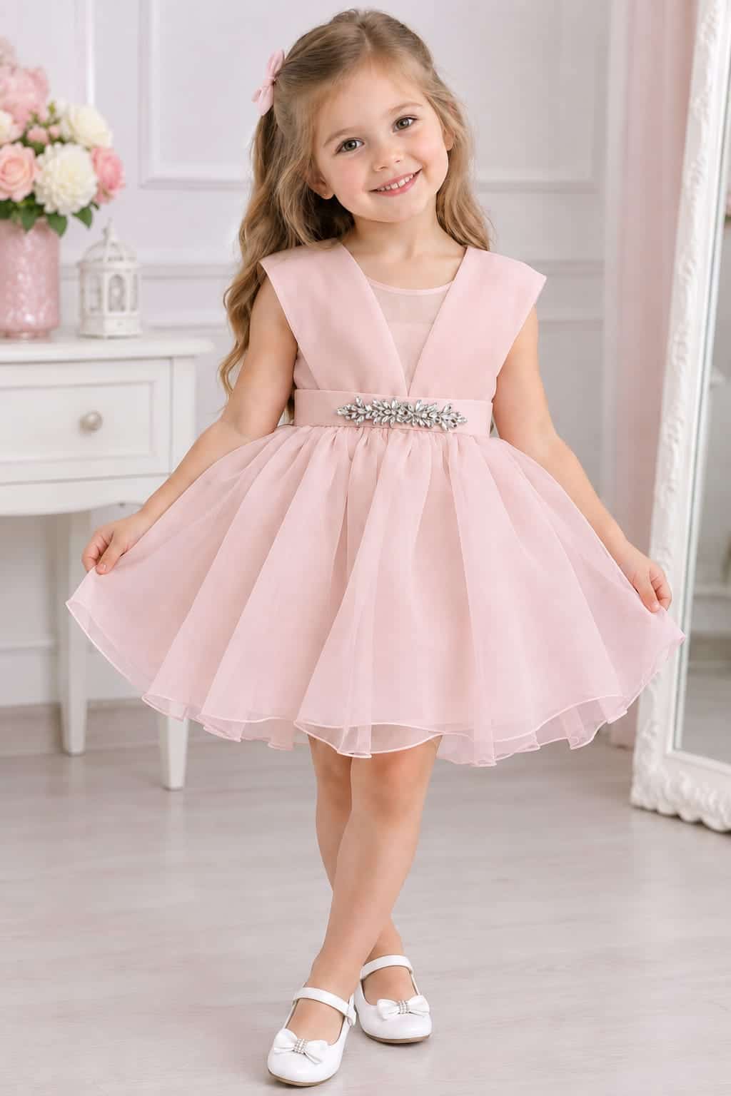 Pink Girls Pink Girls – Powder Occasion Dress with Floral Waist Detail · Powder pink wholesale Girls