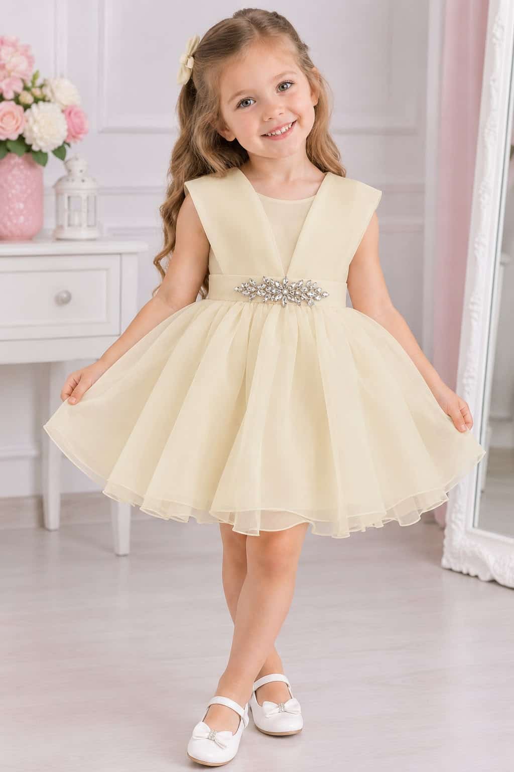 Pink Girls Pink Girls – Cream Party Dress with Sparkling Sash · Cream wholesale Girls